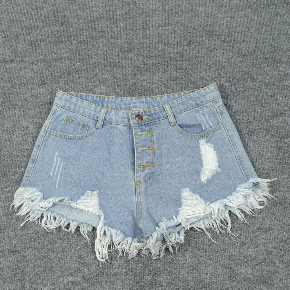 Fashion Jeans Shorts Women XL Light Blue Distressed Frayed Hem Button Fly